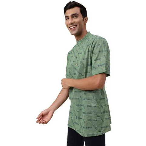 Fabindia Men's Cotton Printed Regular Fit Kurta (1032023Green_Green