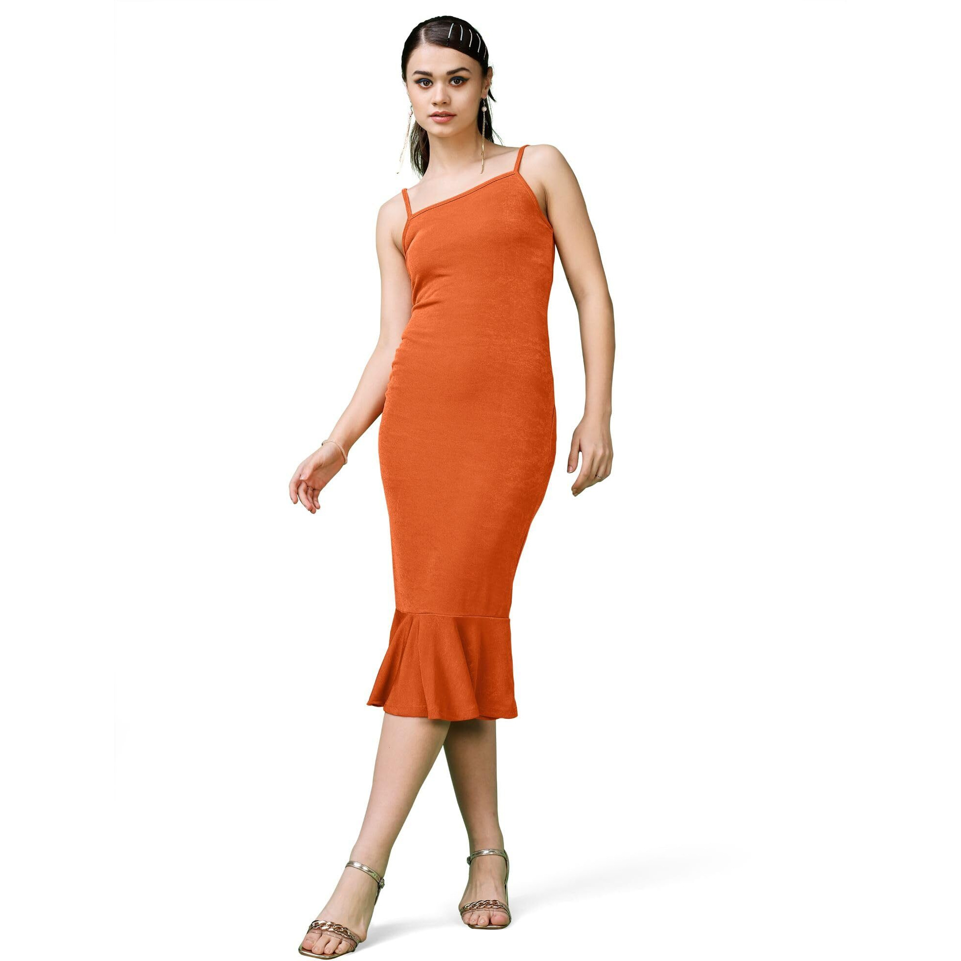 Purvaja Womens Ruffle Below Knee Length Dress (Shine-025-Carrot_Orange_Medium)