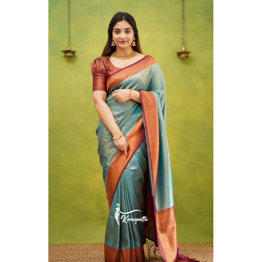Flosive Women's Present Banarasi Soft Lichi Silk Saree Beautiful Jacquard Rich Pallu Design Work Zari Woven Kanjivaram Silk Style Saree With Soft Lichi Silk Blouse Piece Ayn Royal Look 5512 (Rama)