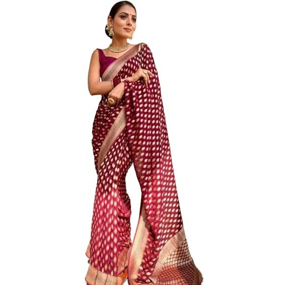 Flosive Women's Kanjivaram Cotton Withtrendy And Grand Beautiful Rich Design Pallu. With Beautiful Full Body Weaving Jaquard Border With Blouse (Wine)