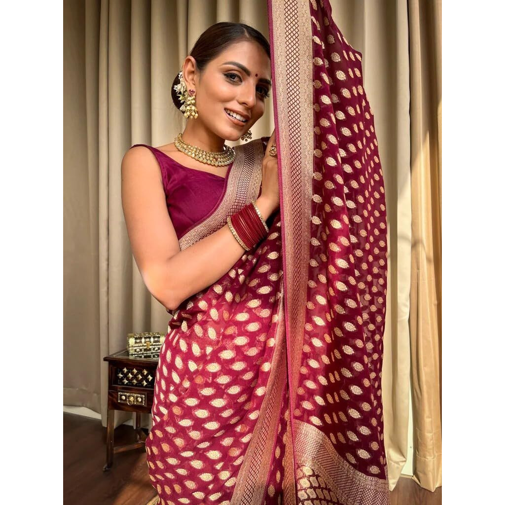 Flosive Women's Kanjivaram Cotton Withtrendy And Grand Beautiful Rich Design Pallu. With Beautiful Full Body Weaving Jaquard Border With Blouse (Wine)