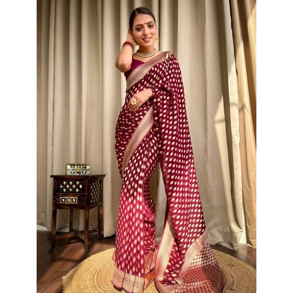Flosive Women's Kanjivaram Cotton Withtrendy And Grand Beautiful Rich Design Pallu. With Beautiful Full Body Weaving Jaquard Border With Blouse (Wine)