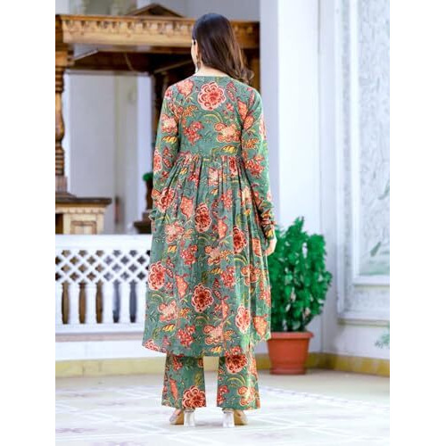 Greciilooks Rayon With Dupatta Floral Kurti Festive Set For Women|Printed Regular Fit Kurta (Gl-K2747&P169&D106_Green_M)