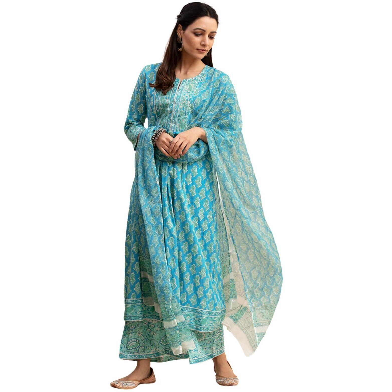 Greciilooks Rayon Floral With Dupatta Kurti Festive Set For Women | Regular Fit Kurta Suit Set (Gl-K2743&P165&D103_Blue_Small)