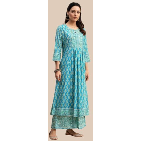 Greciilooks Rayon Floral With Dupatta Kurti Festive Set For Women | Regular Fit Kurta Suit Set (Gl-K2743&P165&D103_Blue_Small)