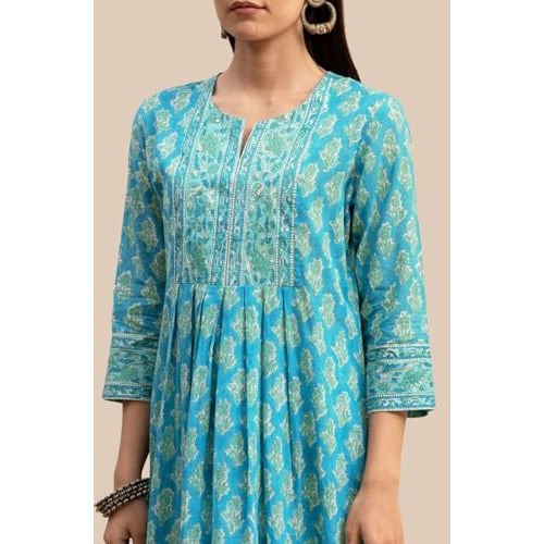 Greciilooks Rayon Floral With Dupatta Kurti Festive Set For Women | Regular Fit Kurta Suit Set (Gl-K2743&P165&D103_Blue_Small)