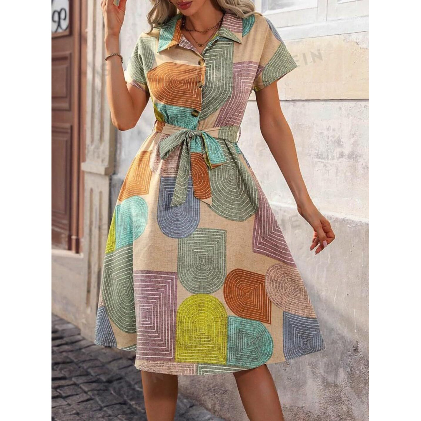 Gufrina Women's Short Sleeve Collar Neck Dress - Geometric Print Button-Down Midi Dress With Tie-Up Belt (Beige M)