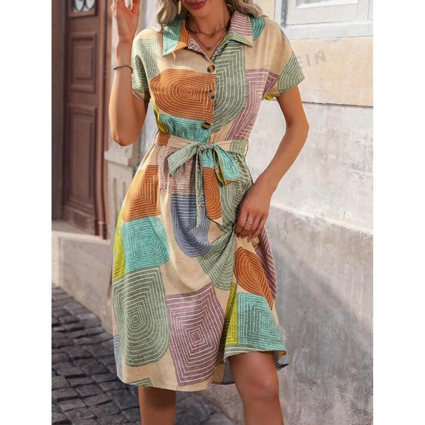 Gufrina Women's Short Sleeve Collar Neck Dress - Geometric Print Button-Down Midi Dress With Tie-Up Belt (Beige M)