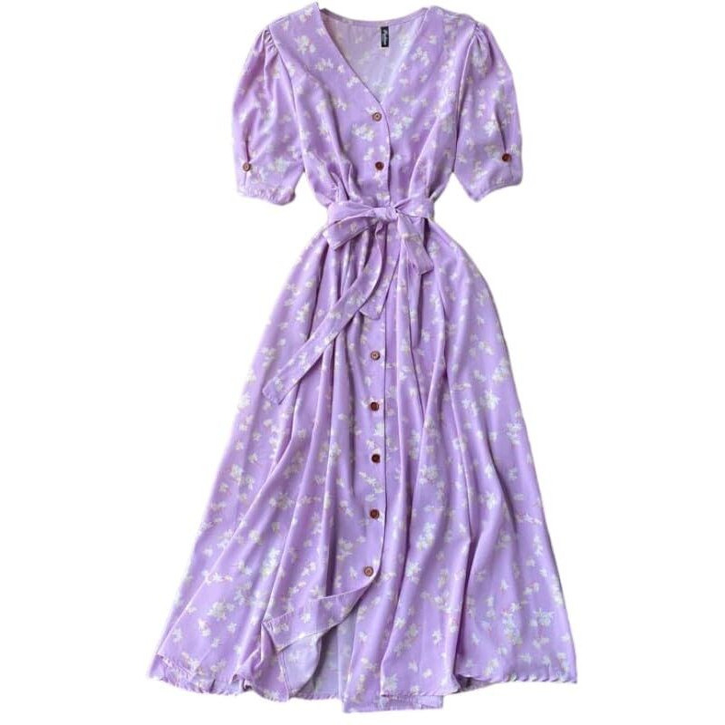 Gufrina Dresses For Women Half Sleeve || Floral Print || V-Neck And Puff Sleeves || Front Open Button & Tie-Up || Midi Dress (Lavender Xl)