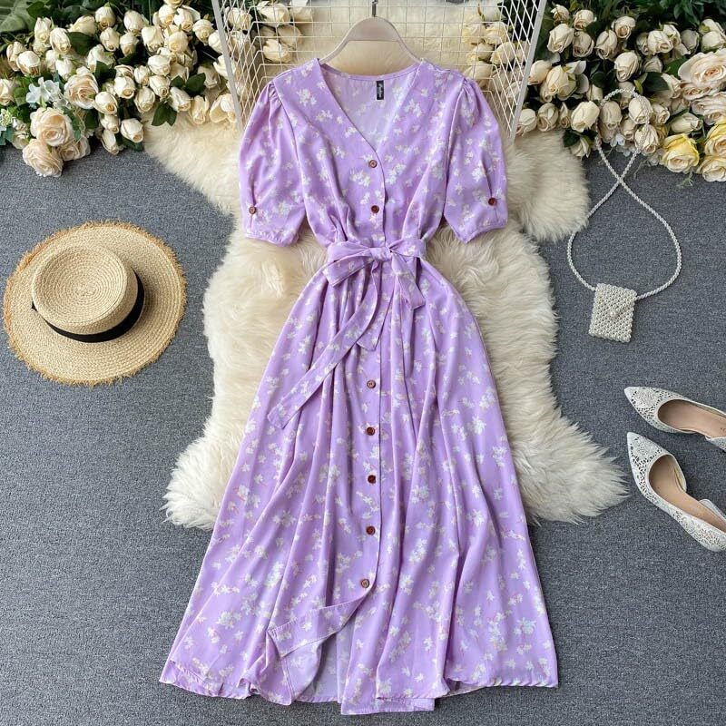 Gufrina Dresses For Women Half Sleeve || Floral Print || V-Neck And Puff Sleeves || Front Open Button & Tie-Up || Midi Dress (Lavender Xl)