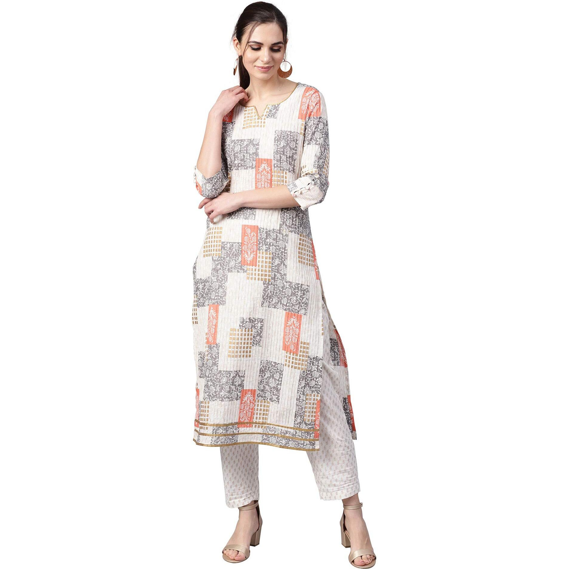 Idalia Women's Off White Printed Cotton Kurta Set With Pant For Women