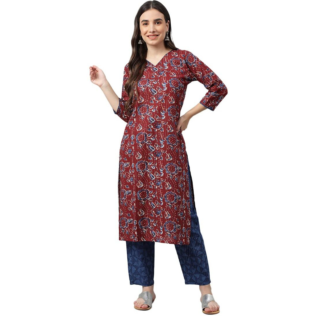 Idalia Maroon Printed Cotton Kurta With Blue Printed Pants