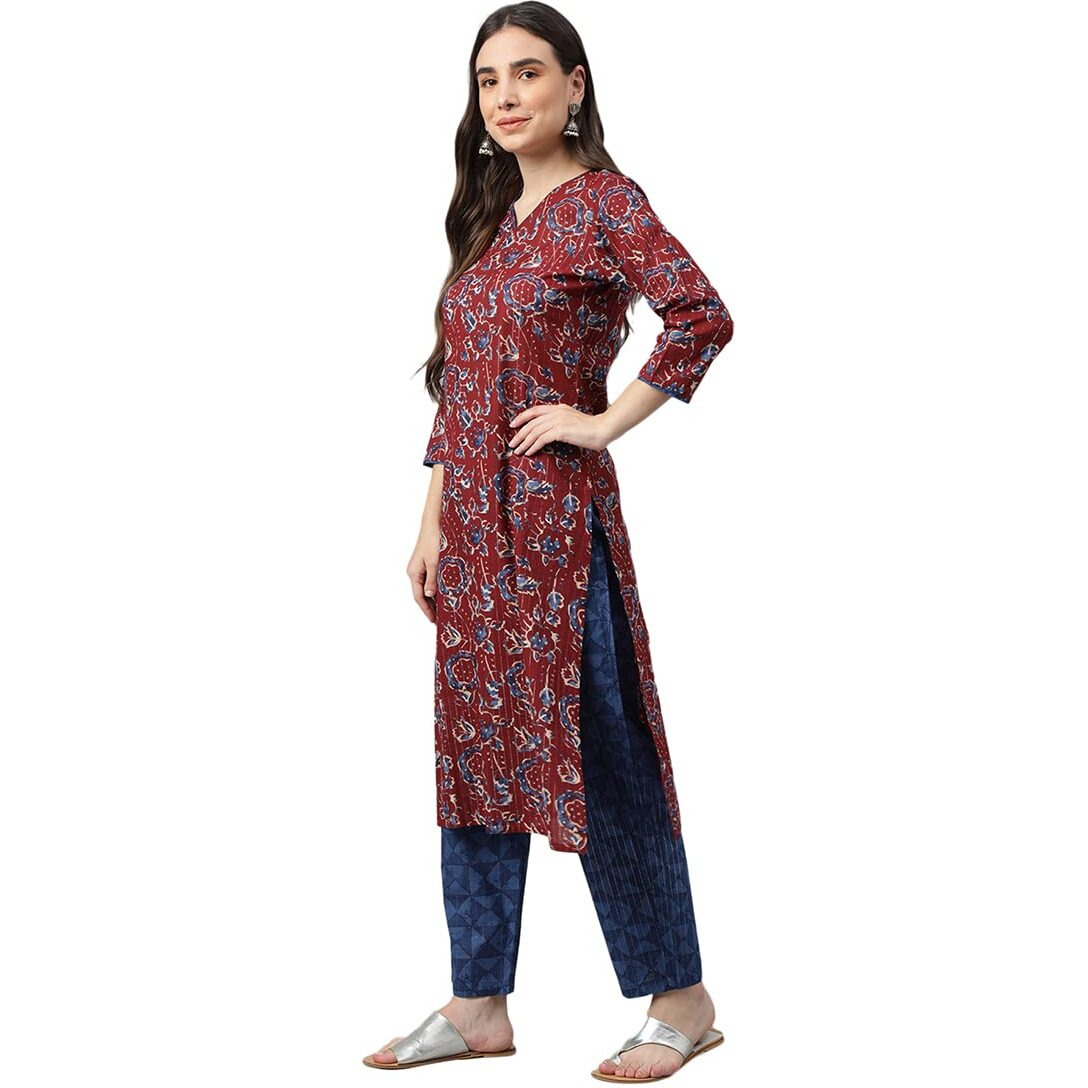 Idalia Maroon Printed Cotton Kurta With Blue Printed Pants