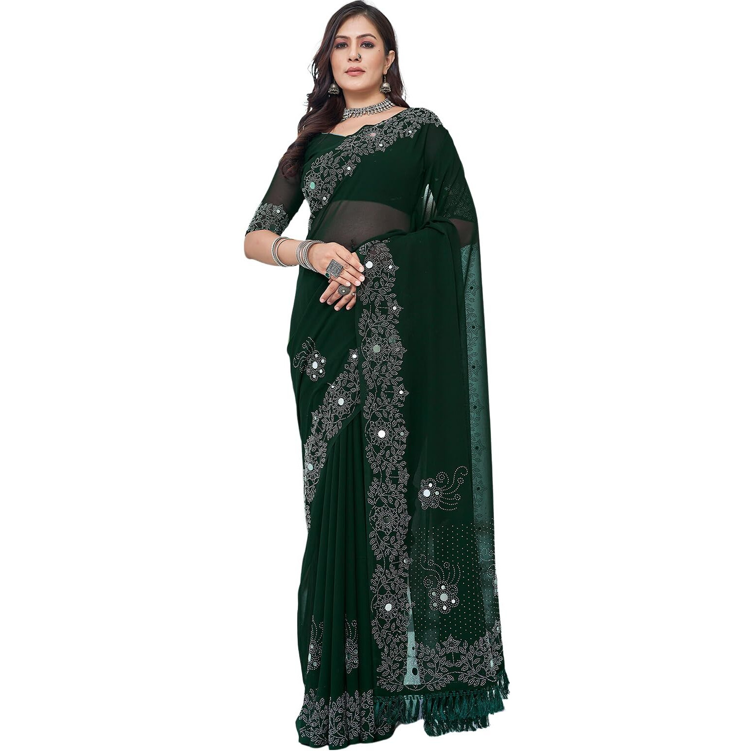 Satrani Women's Stone & Mirror Work Embellished Georgette Saree With Unstitched Blouse Piece (3754S121N_Dark Green)