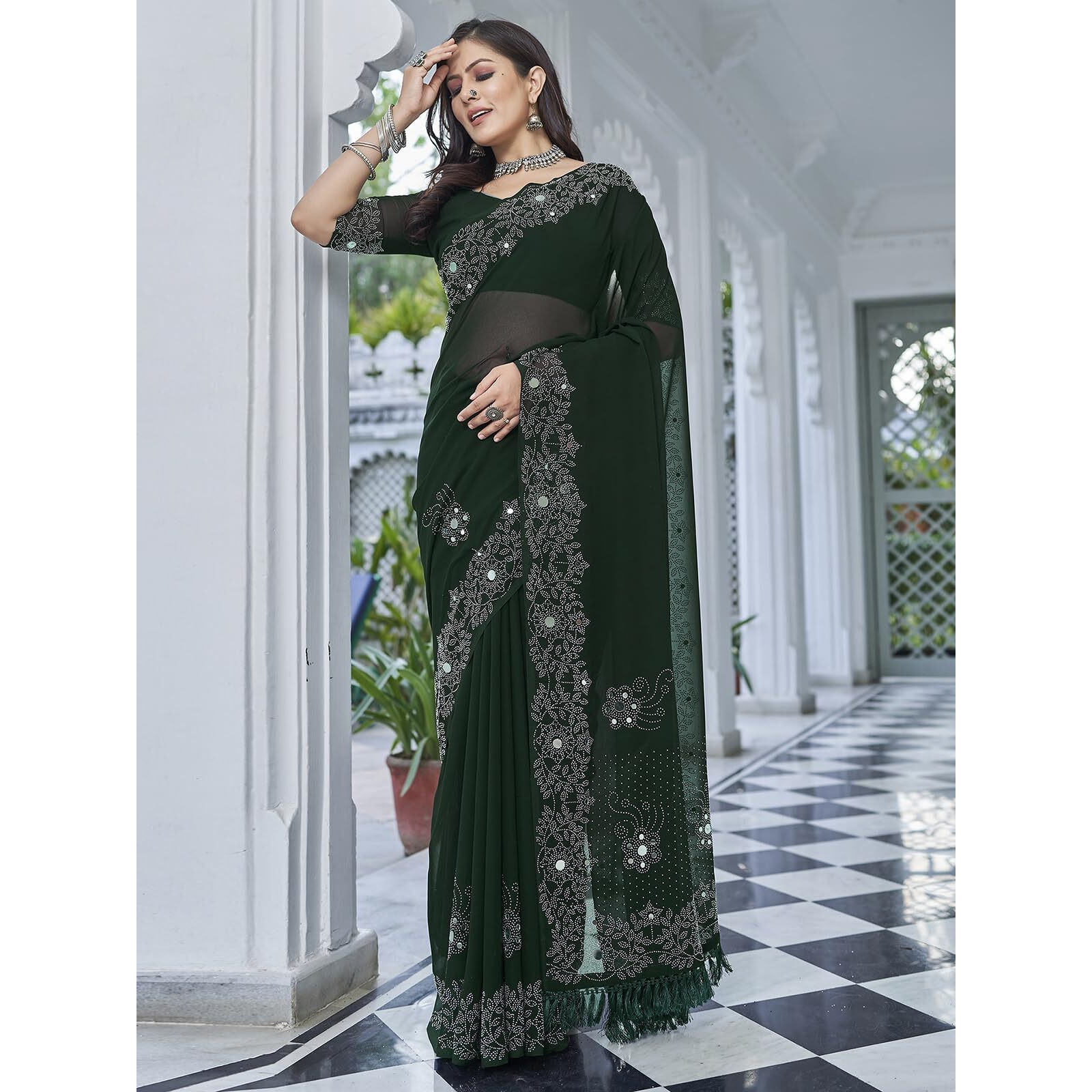 Satrani Women's Stone & Mirror Work Embellished Georgette Saree With Unstitched Blouse Piece (3754S121N_Dark Green)