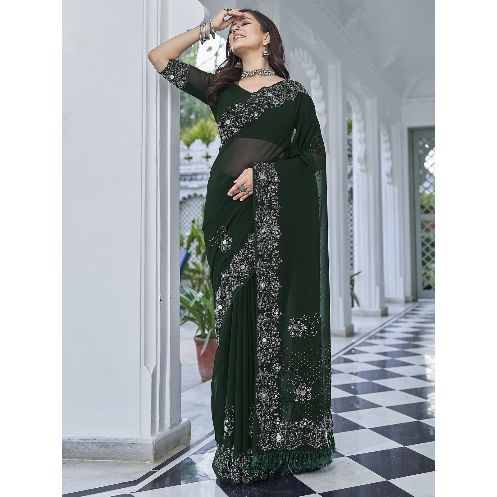 Satrani Women's Stone & Mirror Work Embellished Georgette Saree With Unstitched Blouse Piece (3754S121N_Dark Green)