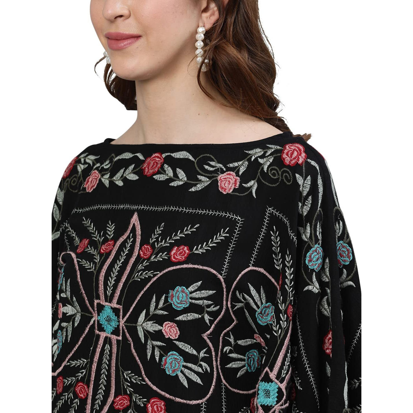 Ishin Women's Cotton Black Embroidered Kaftan Dress