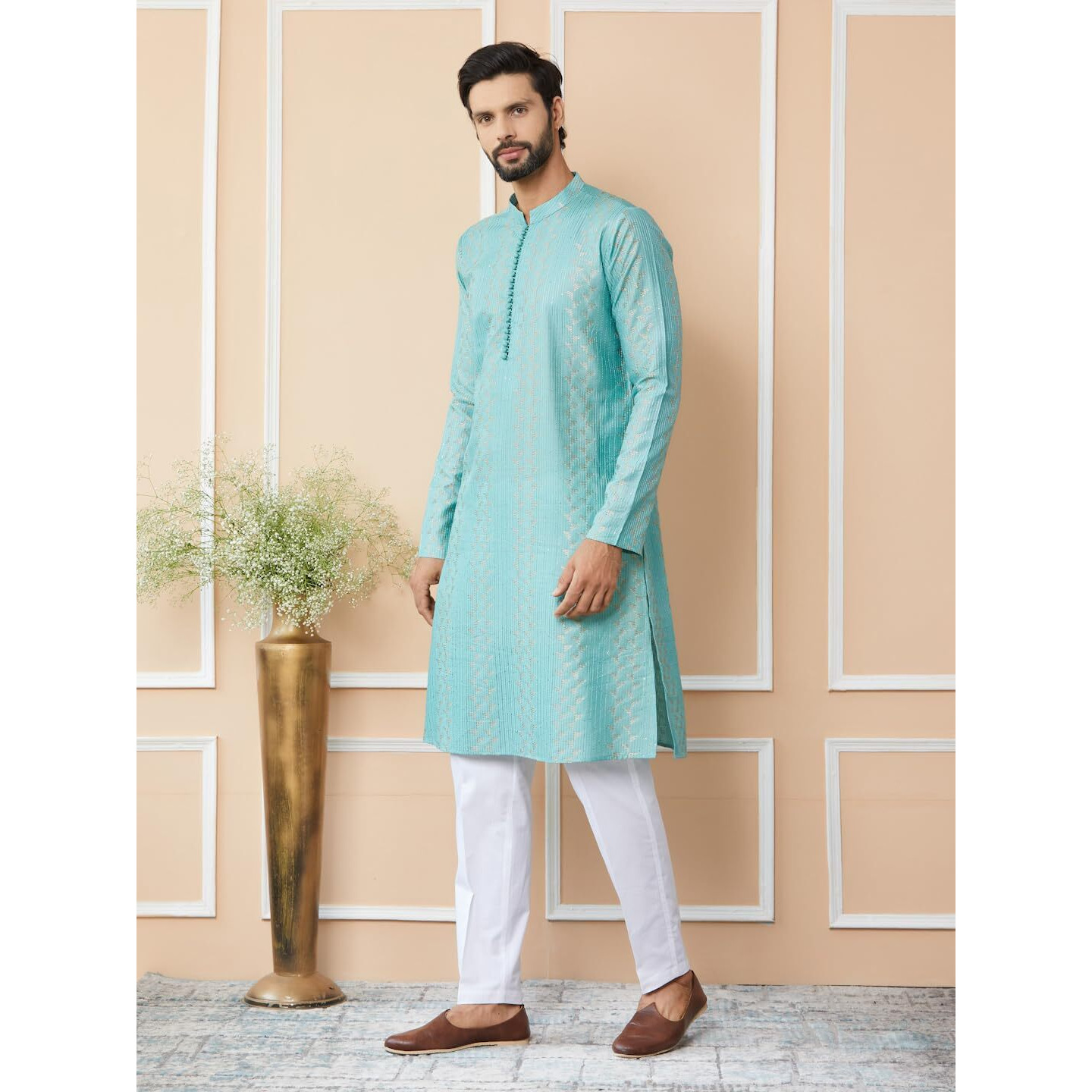 See Designs Men's Long Sleeve Mandarin Collar Side Slit Ice Green Embroidered Thread Work Sequinned Chanderi Silk Straight Kurta - Sdkt2516Xs