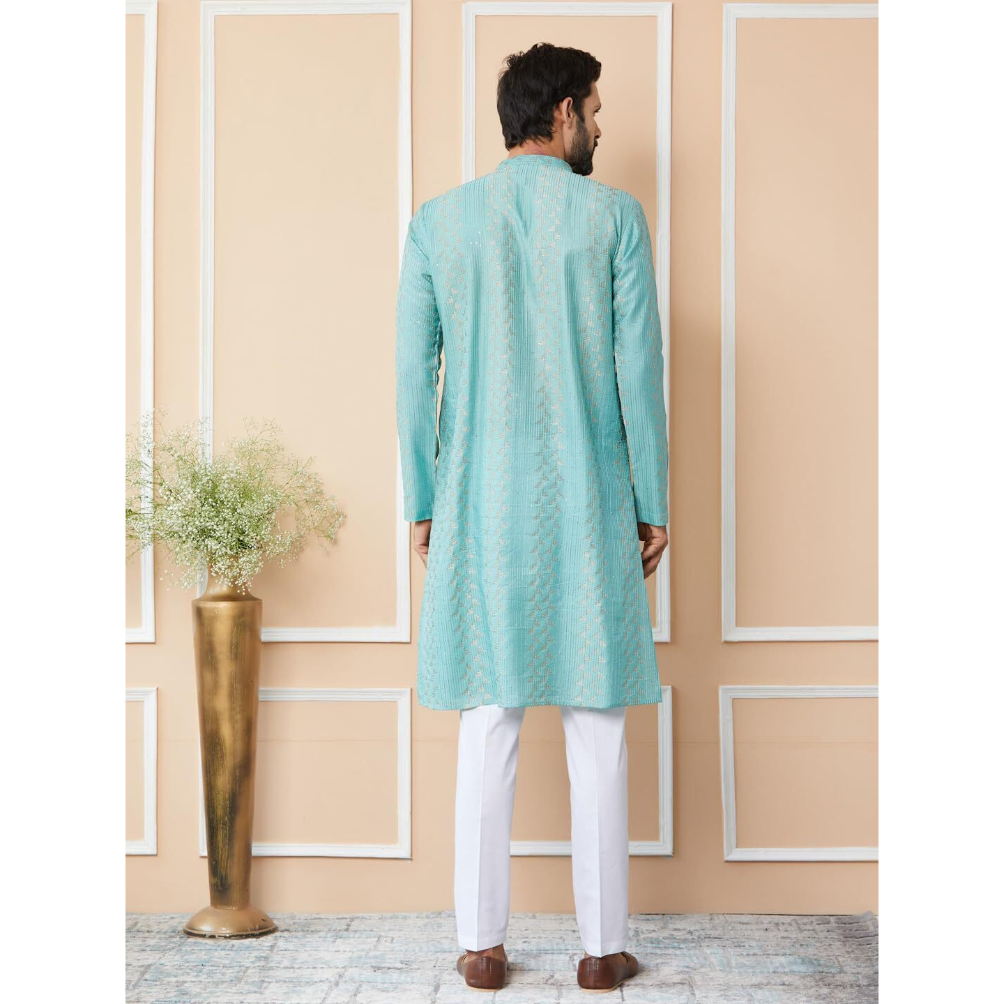 See Designs Men's Long Sleeve Mandarin Collar Side Slit Ice Green Embroidered Thread Work Sequinned Chanderi Silk Straight Kurta - Sdkt2516Xs
