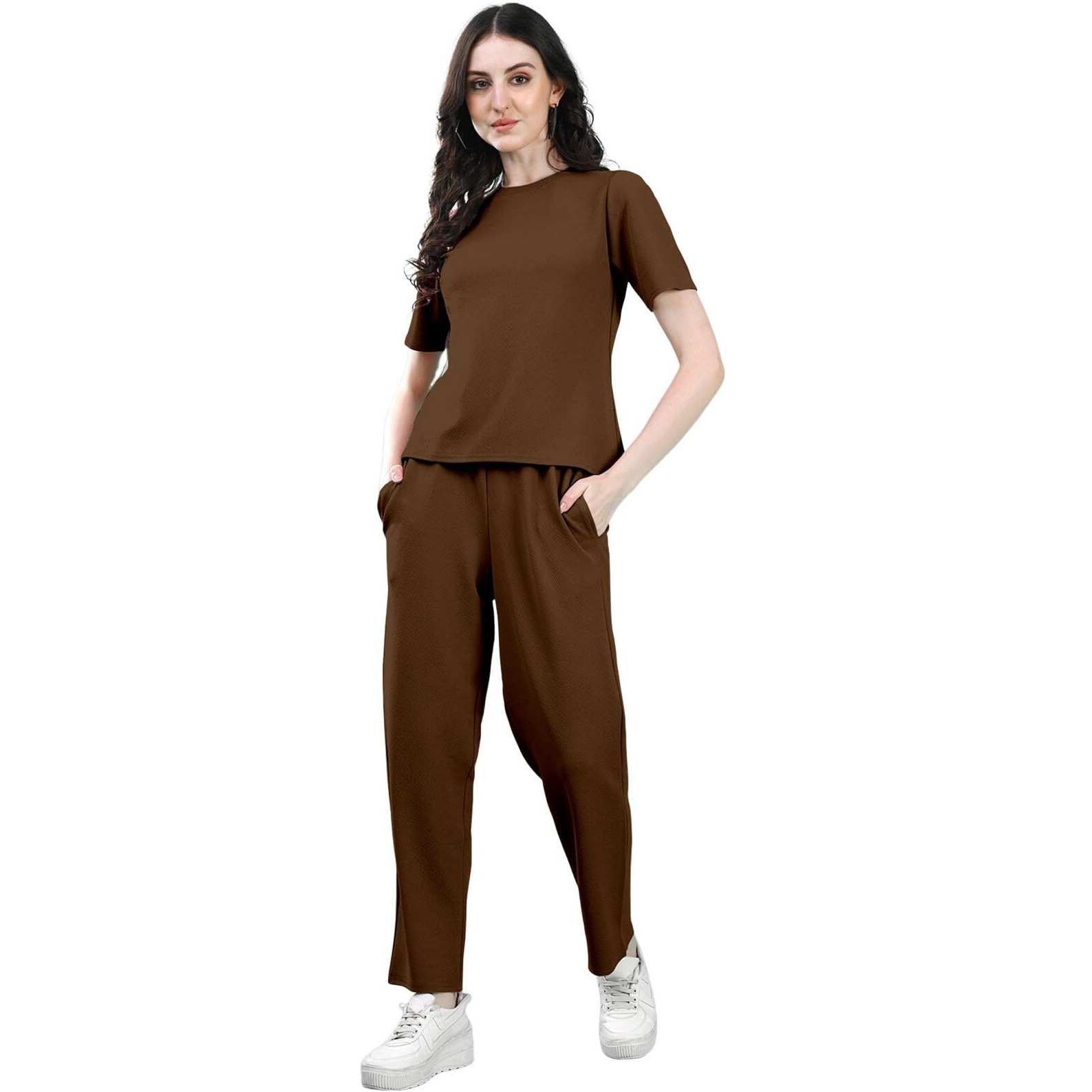 Selvia Co-Ords Set For Women|Lycra Top & Trouser Set|Casual Co-Ords Set For Women|Solid Two Piece Co-Ord Set|Sports Wear Co-Ords Set(707Ctk11667N-M_Brown)