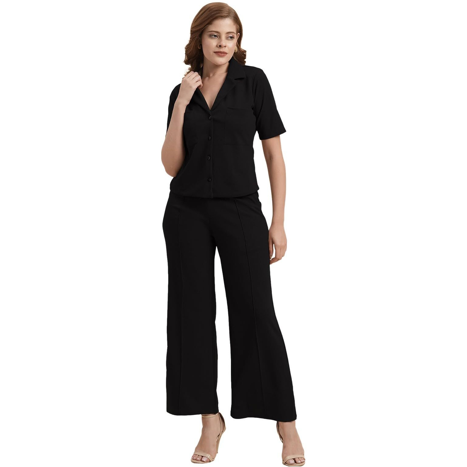 Selvia Co-Ords Set For Women|Lycra Shirt And Trouser Set|Casual Co-Ords Set For Women|Two Piece Co-Ord Set|Office Wear Co-Ords Set(717Ctk11723N-S_Black)