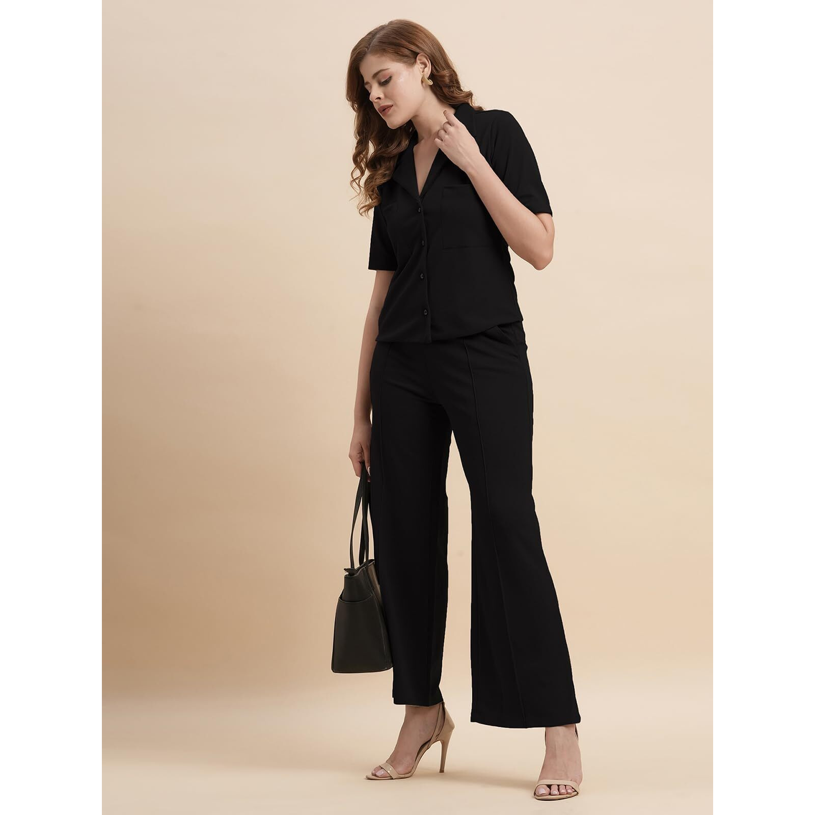 Selvia Co-Ords Set For Women|Lycra Shirt And Trouser Set|Casual Co-Ords Set For Women|Two Piece Co-Ord Set|Office Wear Co-Ords Set(717Ctk11723N-S_Black)