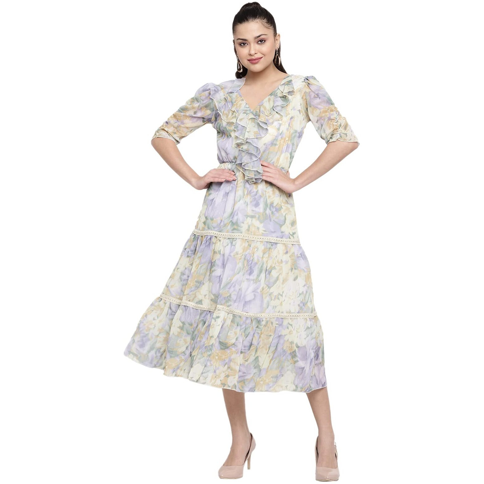Shasmi Women's Pista Floral Print Tiered Midi Fit & Flare Dress With Ruffles (Ruffle Dress 38 Pista Xl)