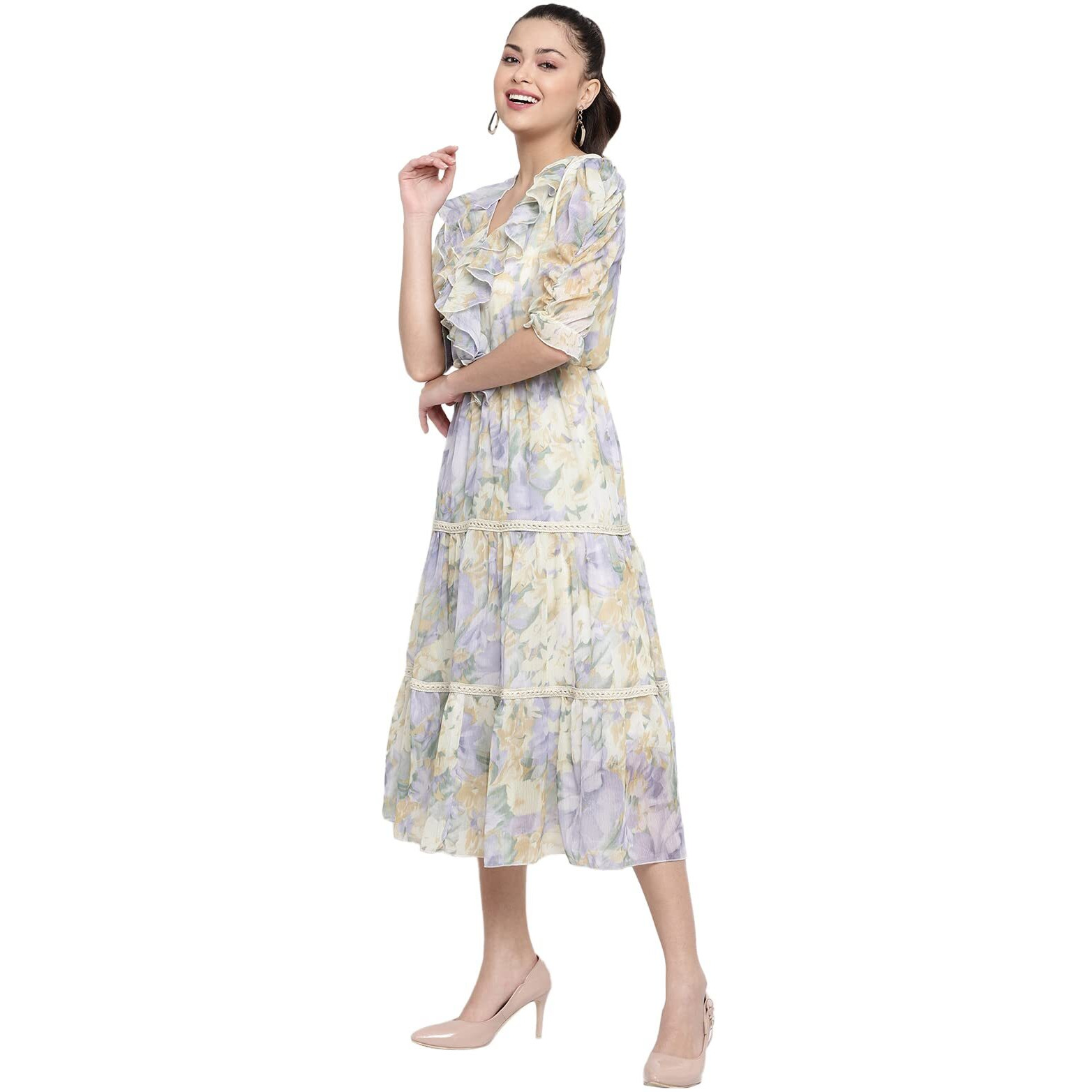 Shasmi Women's Pista Floral Print Tiered Midi Fit & Flare Dress With Ruffles (Ruffle Dress 38 Pista Xl)