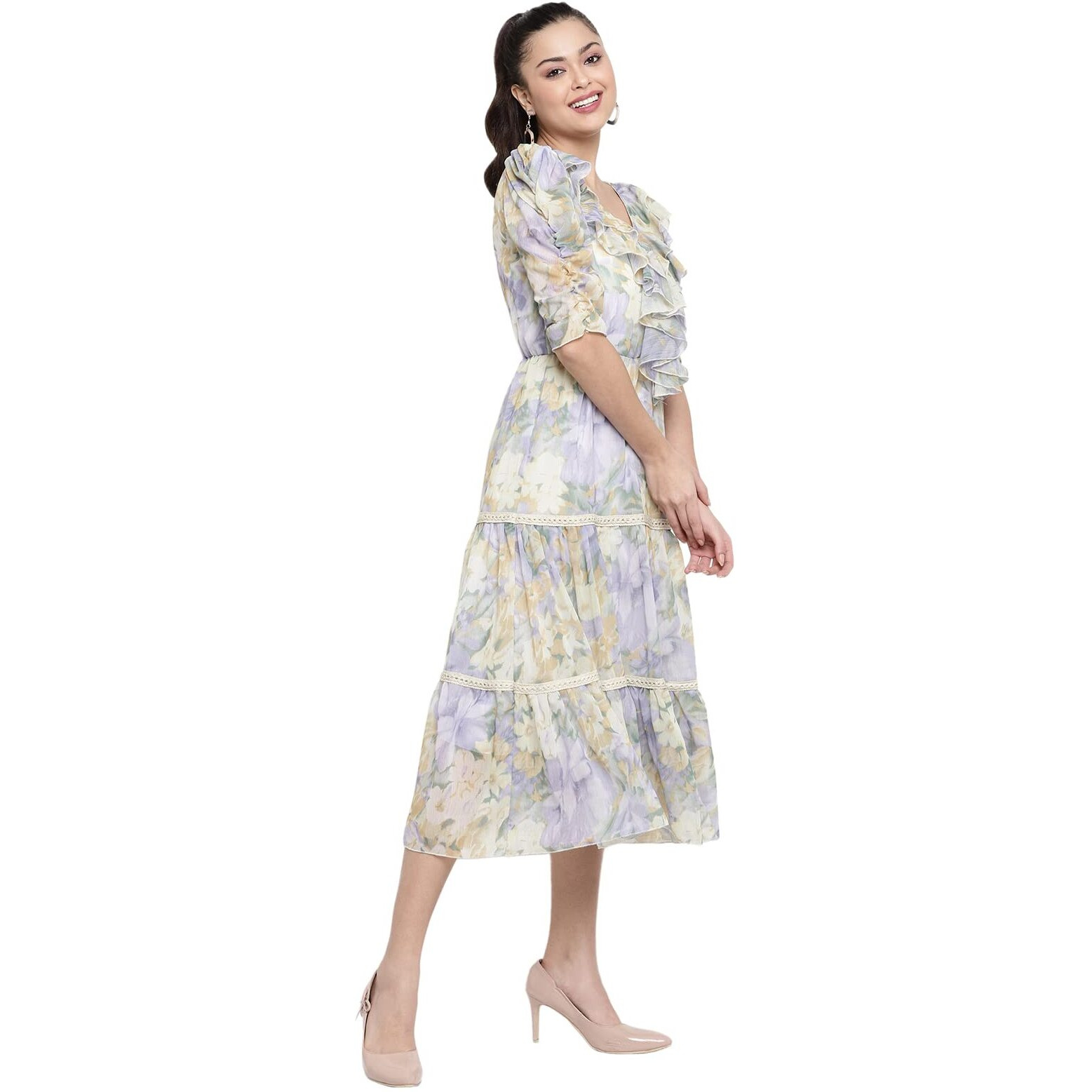 Shasmi Women's Pista Floral Print Tiered Midi Fit & Flare Dress With Ruffles (Ruffle Dress 38 Pista Xl)