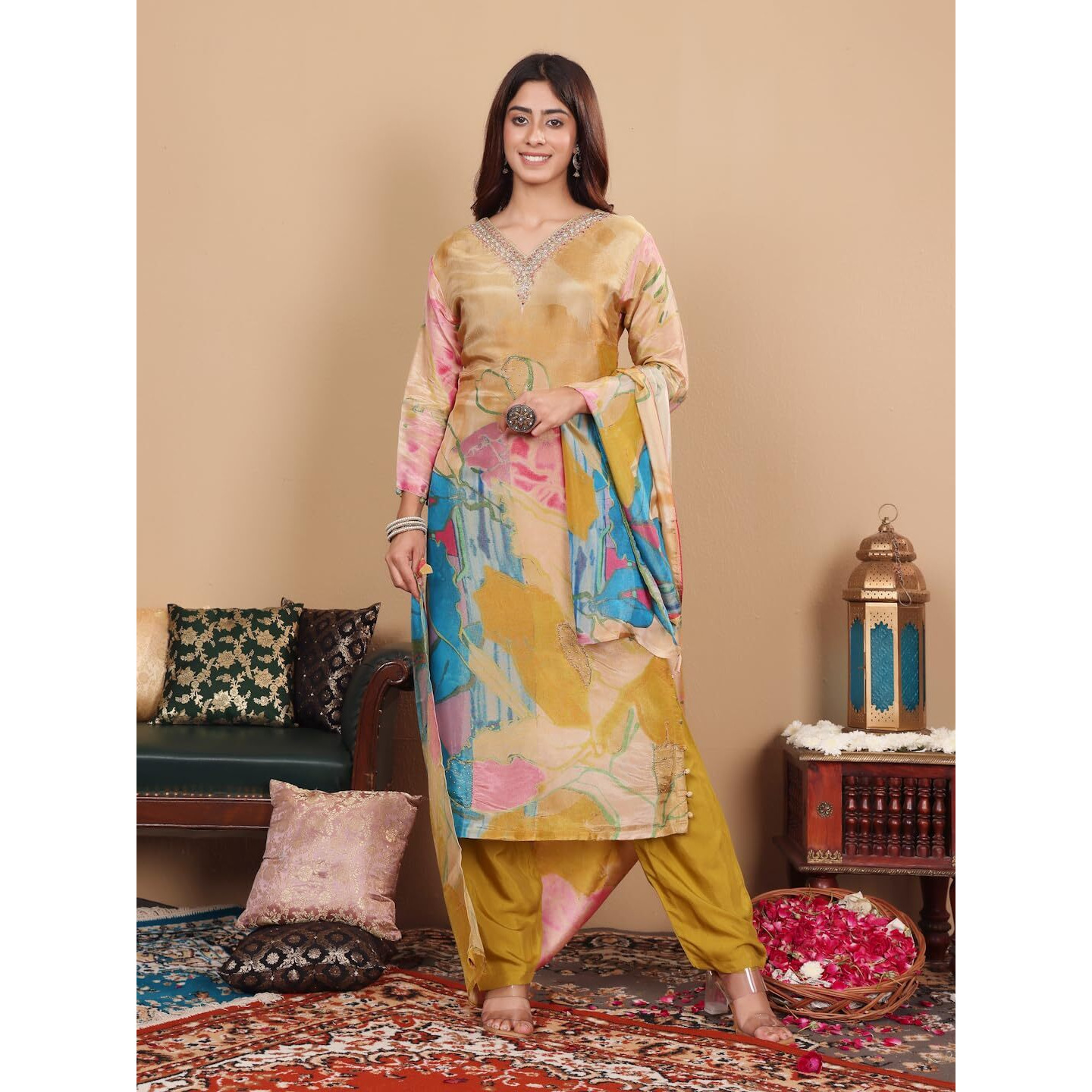 Varanga Women Mustard Pure Silk Gold Shimmer Floral Printed And Stones Embellishment Straight Kurta With Trousers And Dupatta