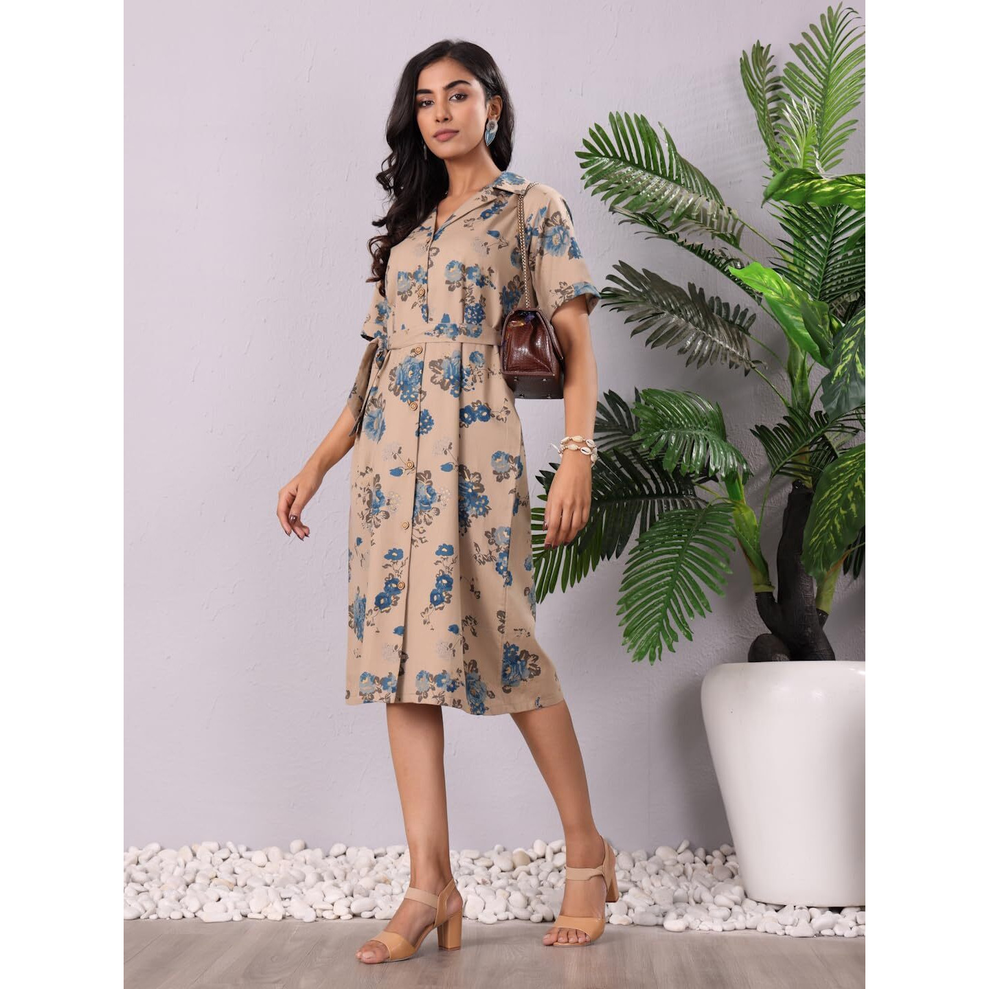 Varanga Women Floral Printed Shirt Dress  Stylish, Comfortable, And Versatile For Casual And Semi-Formal Looks Beige