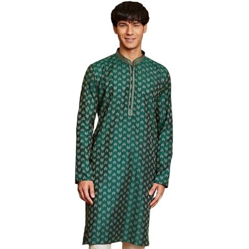 Vastramay Men's Jacquard Kurta With Embroidered Collar  Elegant Ethnic Wear For Weddings & Festive Occasions Bottle Green
