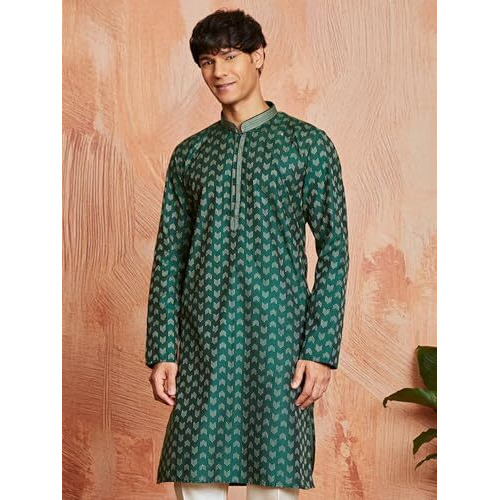 Vastramay Men's Jacquard Kurta With Embroidered Collar  Elegant Ethnic Wear For Weddings & Festive Occasions Bottle Green