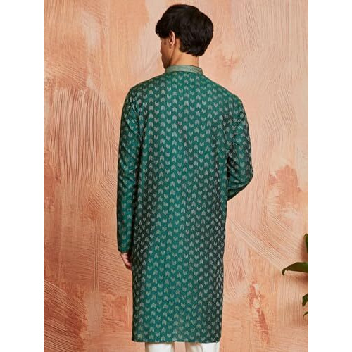 Vastramay Men's Jacquard Kurta With Embroidered Collar  Elegant Ethnic Wear For Weddings & Festive Occasions Bottle Green