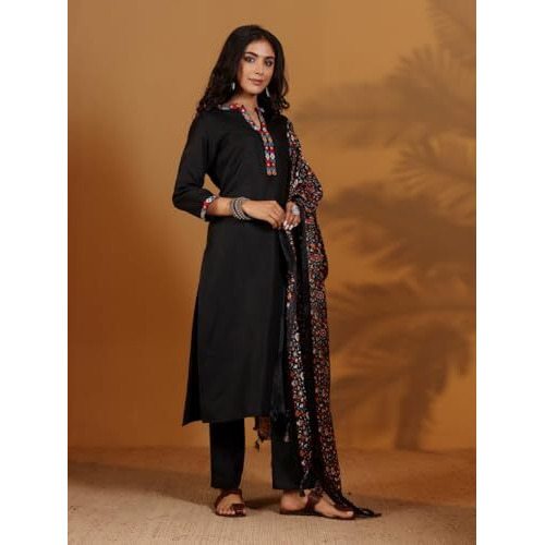 Varanga Women Mandarin Collar Embroidered Straight Kurta With Trouser & Floral Printed Dupatta