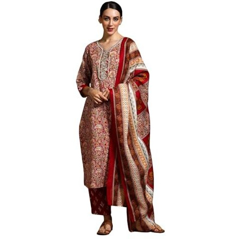 Varanga Women-Zari Detailed Ethnic Floral Printed Kurta With Trouser & Dupatta
