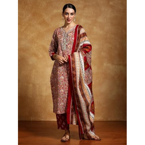 Varanga Women-Zari Detailed Ethnic Floral Printed Kurta With Trouser & Dupatta