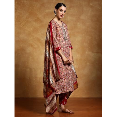 Varanga Women-Zari Detailed Ethnic Floral Printed Kurta With Trouser & Dupatta