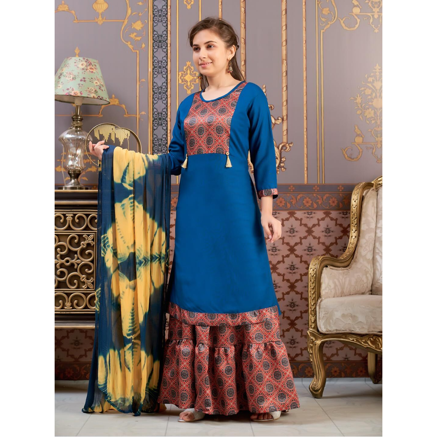 Aarika Girls Ethnic Wear Teal Blue Colour Damask Print Rayon Kurti-(8-15 Years)-(Kurti-Tr-K-865)