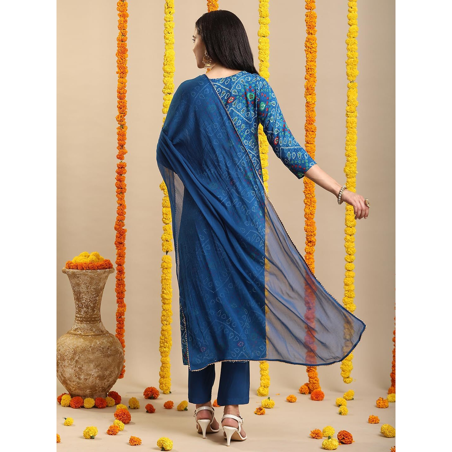 Anni Designer Women's Rayon Blend Straight Bandhej Printed Kurta With Pant & Dupatta (Turae Cerosin-Vks04_L_Dark Blue_Large)
