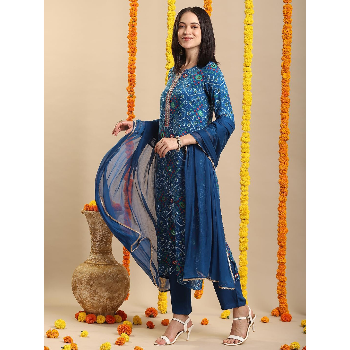 Anni Designer Women's Rayon Blend Straight Bandhej Printed Kurta With Pant & Dupatta (Turae Cerosin-Vks04_L_Dark Blue_Large)