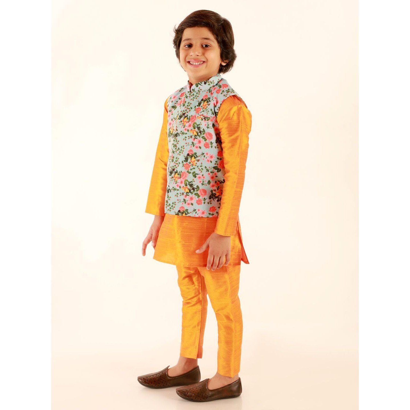Jbn Creation Boys Silk Blend Orange Dupian Silk Kurta, Pyjama And Floral Printed Nehru Jacket Set (B679)