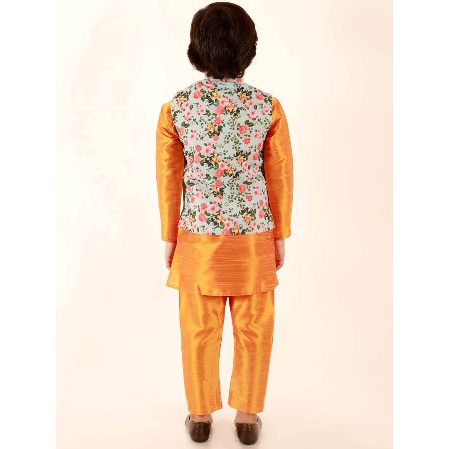 Jbn Creation Boys Silk Blend Orange Dupian Silk Kurta, Pyjama And Floral Printed Nehru Jacket Set (B679)