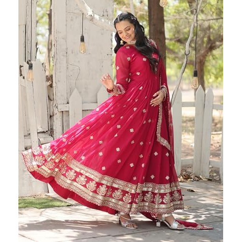 Fashion Basket Women's Red Georgette Anarkali Kurta Set With Duptta For Women (Pink, L)