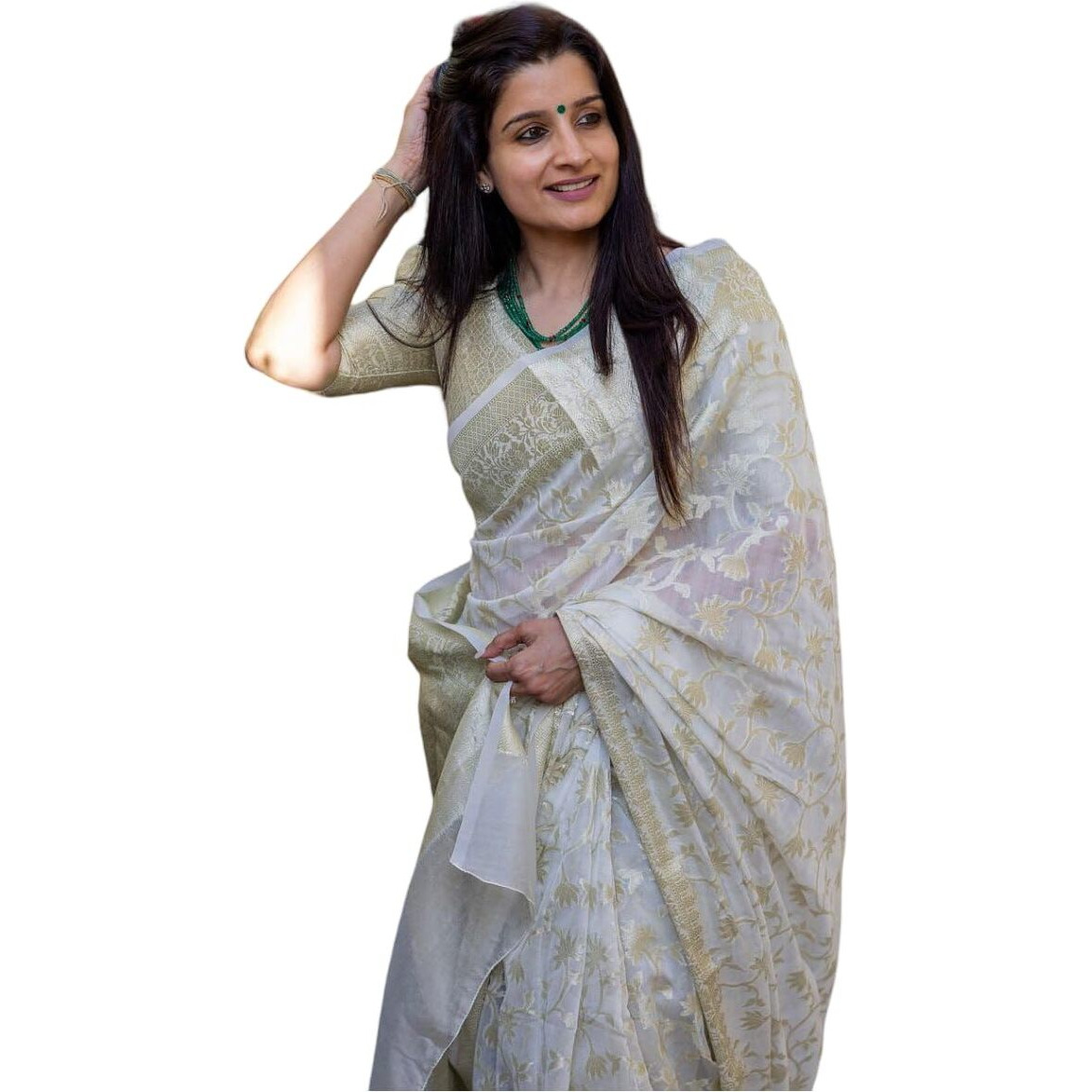 Flosive Women's White Kanjivaram Pure Zari Woven Soft Silk Saree With Blouse Piece