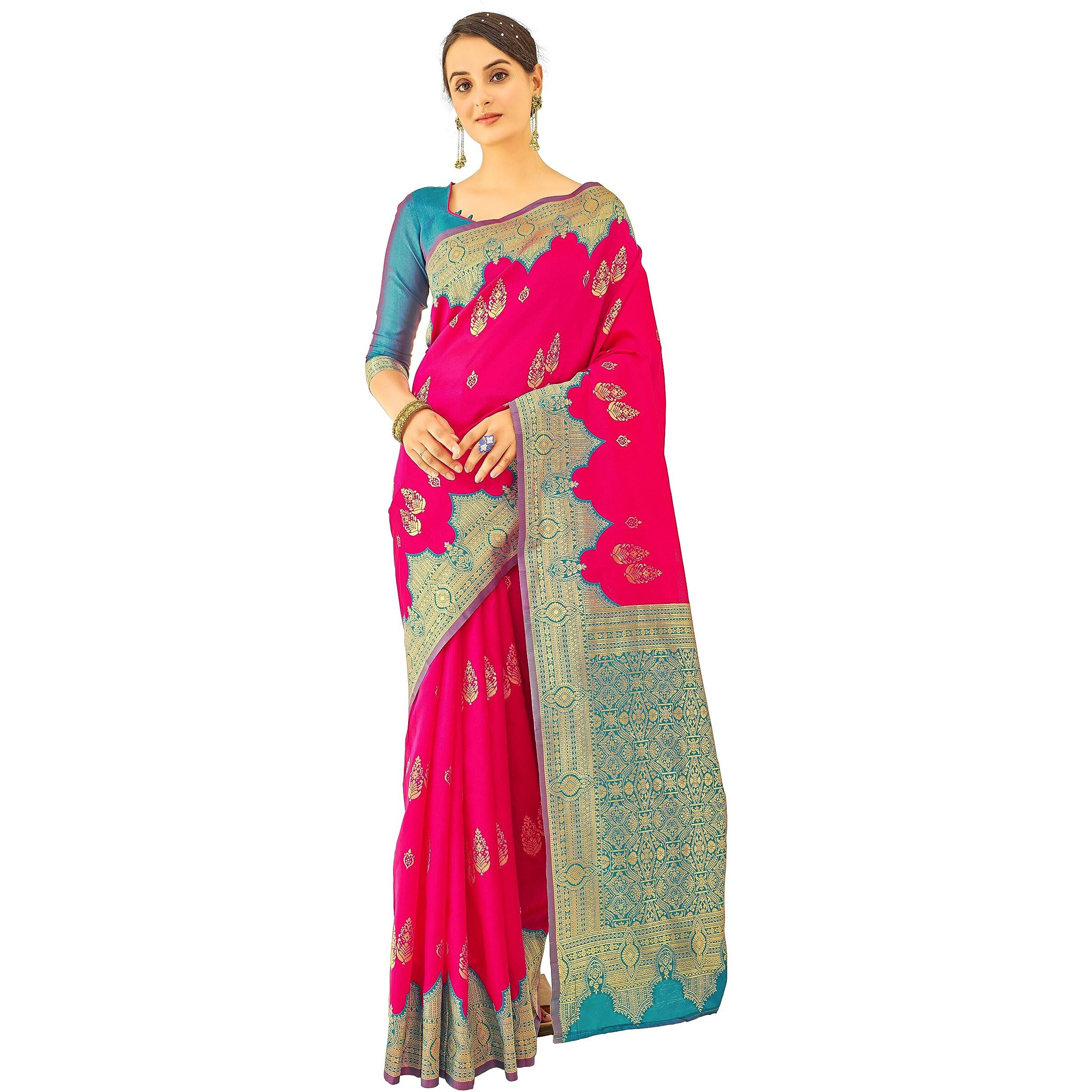 Glory Sarees Womens Banarasi Silk Saree With Blouse Piece (Rich_Silk104_Pinkfirozi)