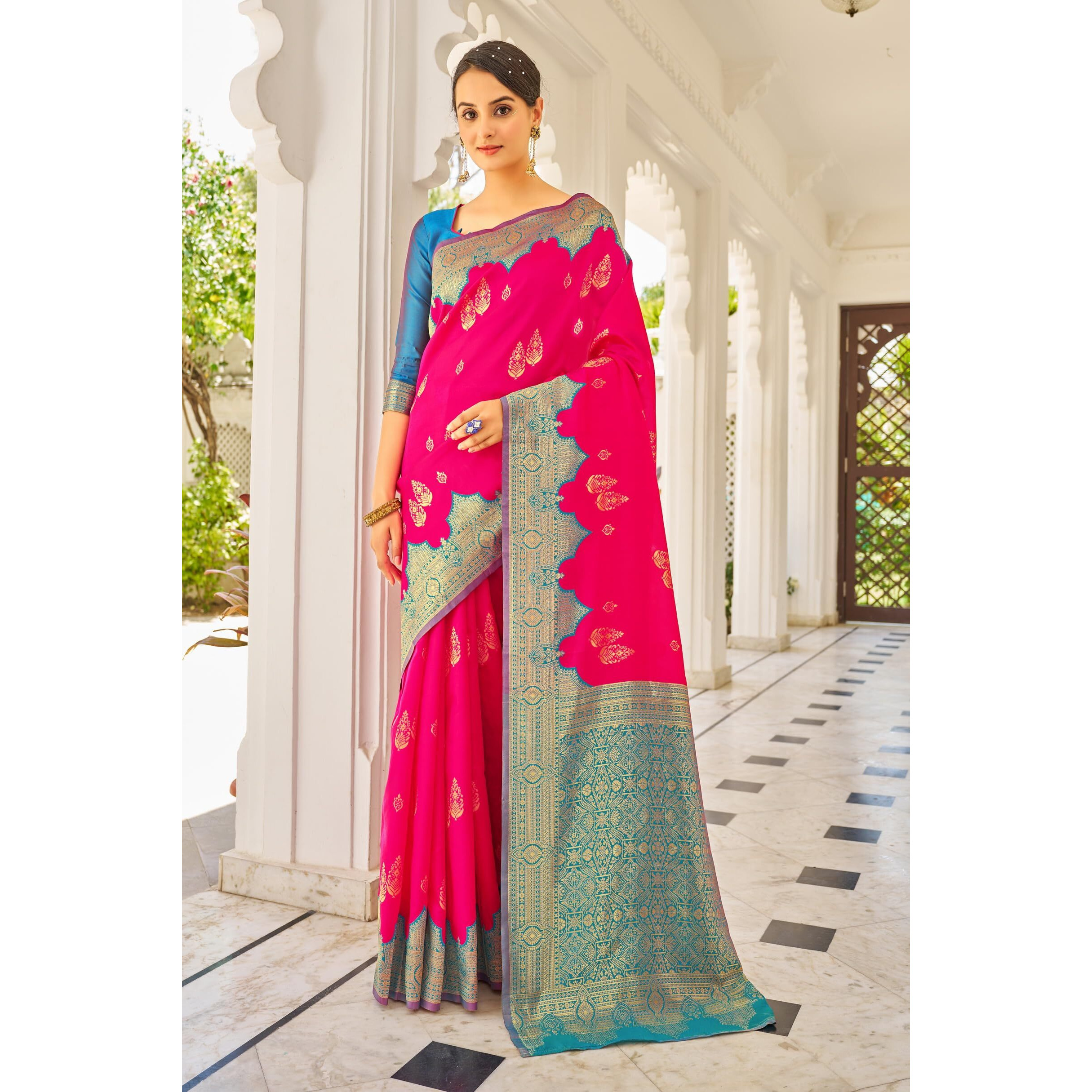 Glory Sarees Womens Banarasi Silk Saree With Blouse Piece (Rich_Silk104_Pinkfirozi)