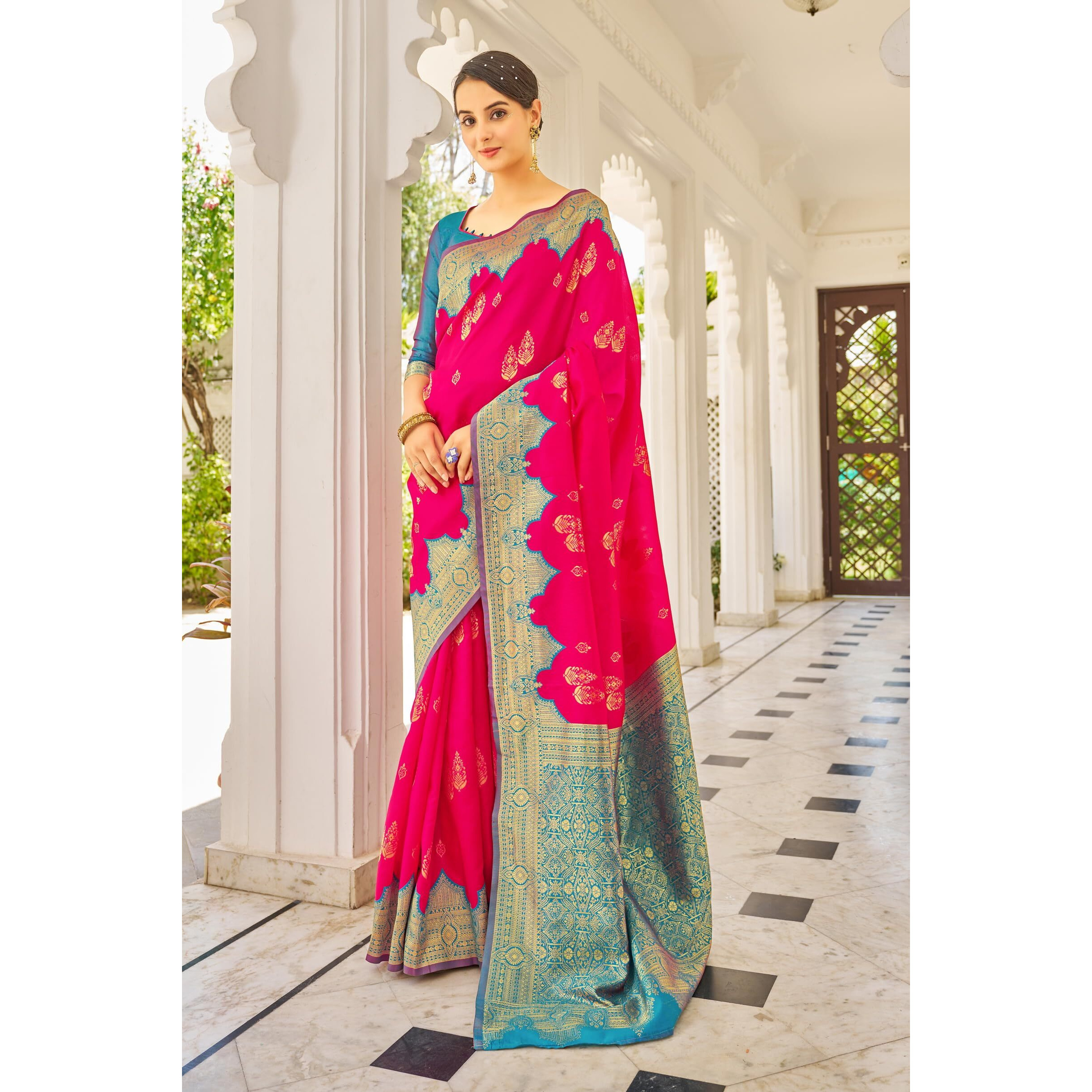 Glory Sarees Womens Banarasi Silk Saree With Blouse Piece (Rich_Silk104_Pinkfirozi)
