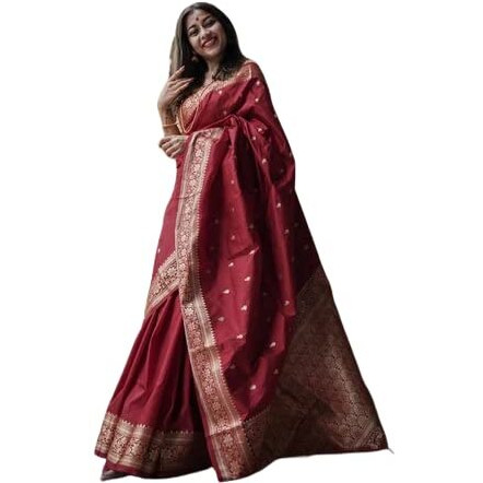 Flosive Women's Present Banarasi Soft Lichi Silk Saree Beautiful Jacquard Rich Pallu Design Work Zari Woven Kanjivaram Silk Style Saree With Soft Lichi Silk Blouse Piece Ayn Royal Mix Color (Red).