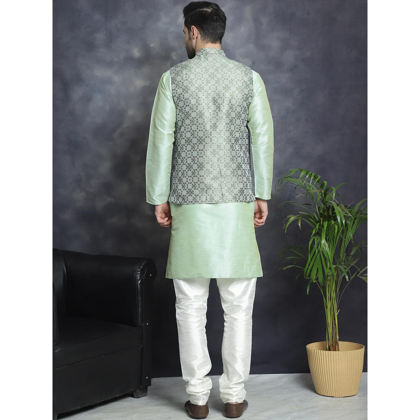 Jompers Mens Pista Woven Design Nehru Jacket With Kurta Pyjama Set (Pista, L)